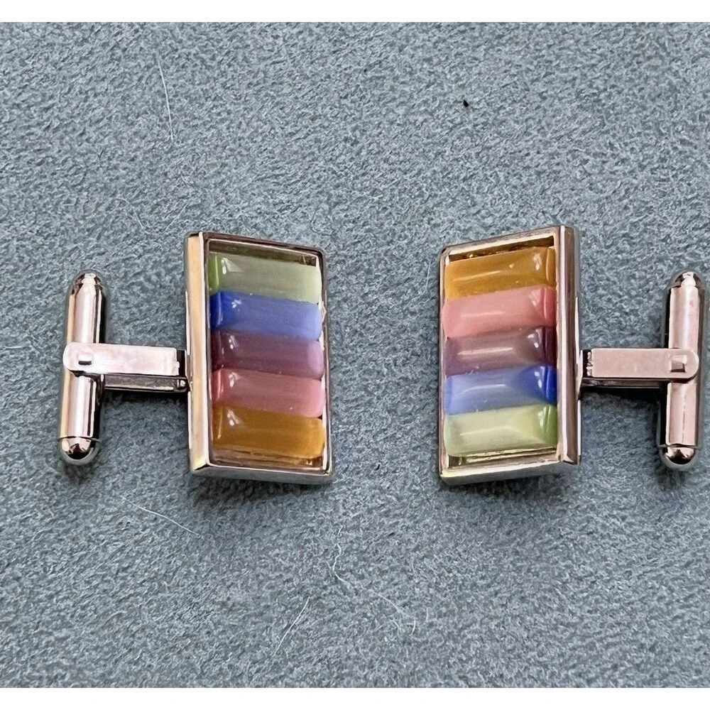 Vintage Beautiful Rainbow Fused Glass Color Rectagle Silver Tone Cufflinks